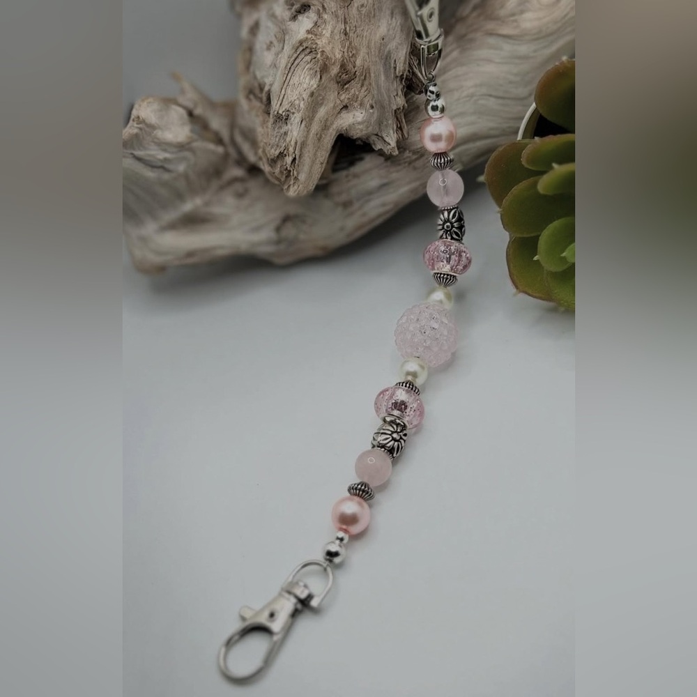 Pink Beaded Purse/Keychain with Silver Accents